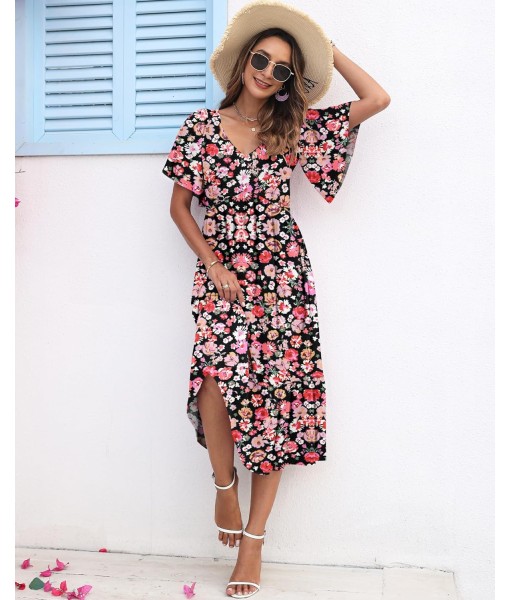 AUSELILY Women's Summer Empire Waist Dress Smocked Flutter Short Sleeve V Neck Midi Dresses 2025 New