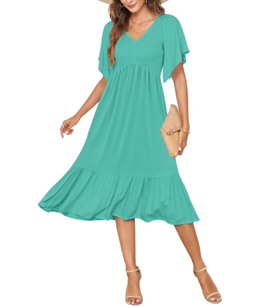 AUSELILY Women's Summer Empire Waist Dress Smocked Flutter Short Sleeve V Neck Midi Dresses 2025 New