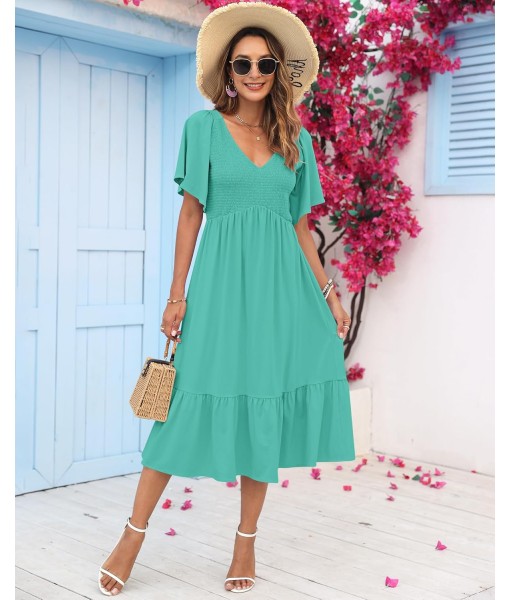 AUSELILY Women's Summer Empire Waist Dress Smocked Flutter Short Sleeve V Neck Midi Dresses 2025 New