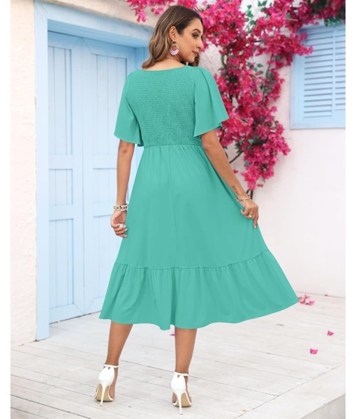 AUSELILY Women's Summer Empire Waist Dress Smocked Flutter Short Sleeve V Neck Midi Dresses 2025 New