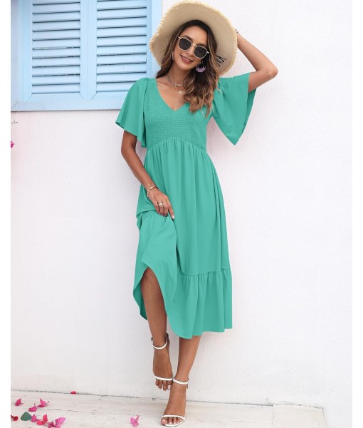 AUSELILY Women's Summer Empire Waist Dress Smocked Flutter Short Sleeve V Neck Midi Dresses 2025 New