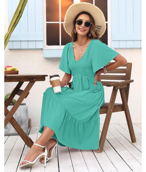 AUSELILY Women's Summer Empire Waist Dress Smocked Flutter Short Sleeve V Neck Midi Dresses 2025 New