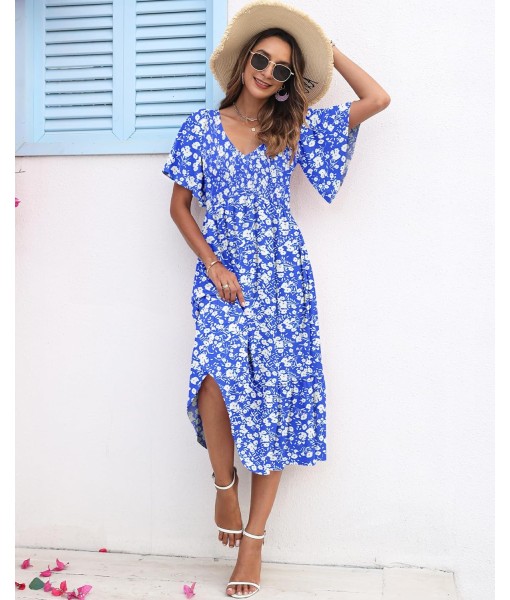 AUSELILY Women's Summer Empire Waist Dress Smocked Flutter Short Sleeve V Neck Midi Dresses 2025 New