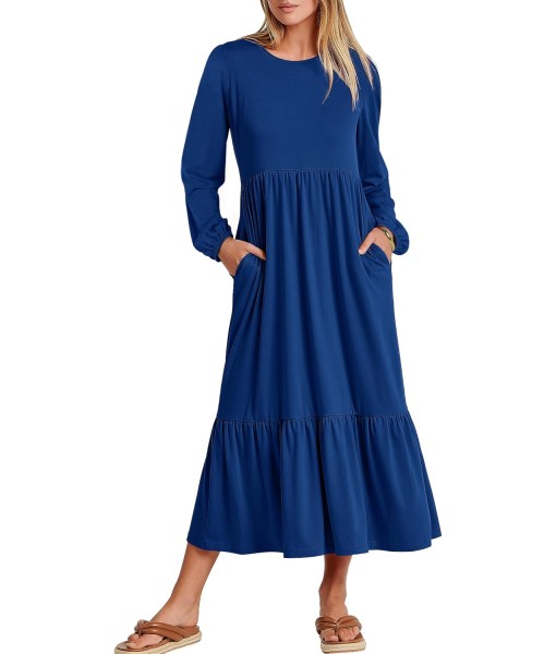 ANRABESS Long Sleeve Midi Dresses for Women Casual 2025 Fall Crewneck A Line Tiered Flowy Loose Trendy Dresses with Pockets