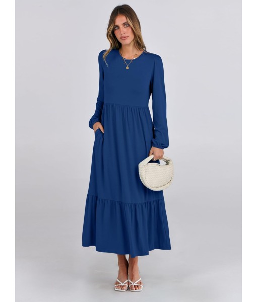 ANRABESS Long Sleeve Midi Dresses for Women Casual 2025 Fall Crewneck A Line Tiered Flowy Loose Trendy Dresses with Pockets