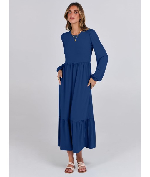 ANRABESS Long Sleeve Midi Dresses for Women Casual 2025 Fall Crewneck A Line Tiered Flowy Loose Trendy Dresses with Pockets