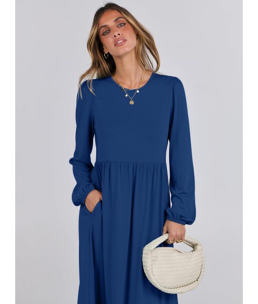 ANRABESS Long Sleeve Midi Dresses for Women Casual 2025 Fall Crewneck A Line Tiered Flowy Loose Trendy Dresses with Pockets