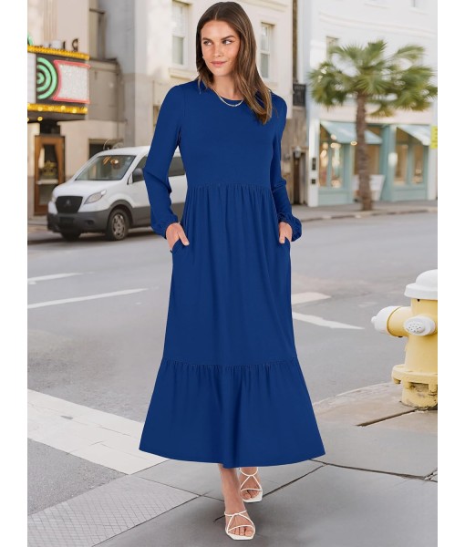 ANRABESS Long Sleeve Midi Dresses for Women Casual 2025 Fall Crewneck A Line Tiered Flowy Loose Trendy Dresses with Pockets