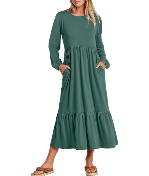 ANRABESS Long Sleeve Midi Dresses for Women Casual 2025 Fall Crewneck A Line Tiered Flowy Loose Trendy Dresses with Pockets