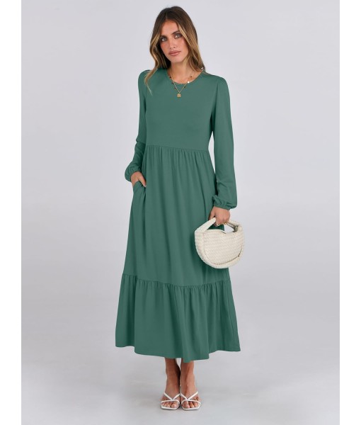 ANRABESS Long Sleeve Midi Dresses for Women Casual 2025 Fall Crewneck A Line Tiered Flowy Loose Trendy Dresses with Pockets