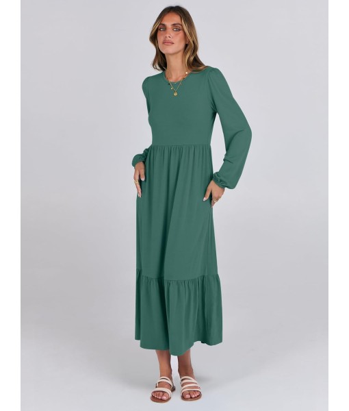 ANRABESS Long Sleeve Midi Dresses for Women Casual 2025 Fall Crewneck A Line Tiered Flowy Loose Trendy Dresses with Pockets