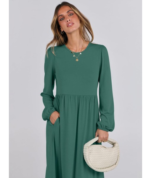 ANRABESS Long Sleeve Midi Dresses for Women Casual 2025 Fall Crewneck A Line Tiered Flowy Loose Trendy Dresses with Pockets