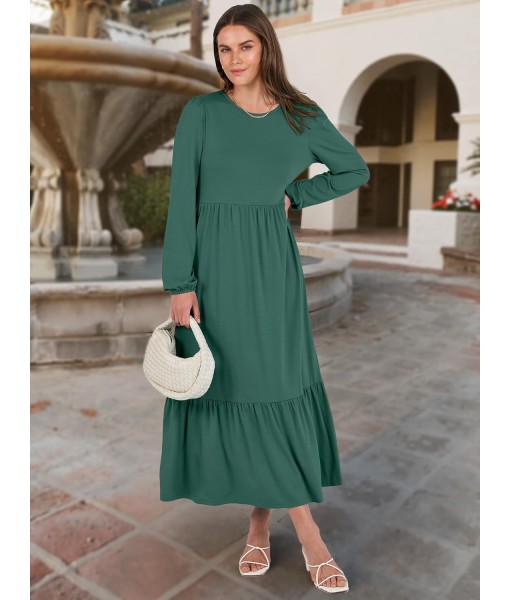 ANRABESS Long Sleeve Midi Dresses for Women Casual 2025 Fall Crewneck A Line Tiered Flowy Loose Trendy Dresses with Pockets