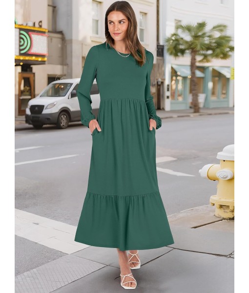 ANRABESS Long Sleeve Midi Dresses for Women Casual 2025 Fall Crewneck A Line Tiered Flowy Loose Trendy Dresses with Pockets