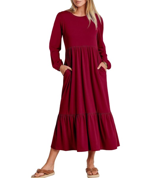 ANRABESS Long Sleeve Midi Dresses for Women Casual 2025 Fall Crewneck A Line Tiered Flowy Loose Trendy Dresses with Pockets