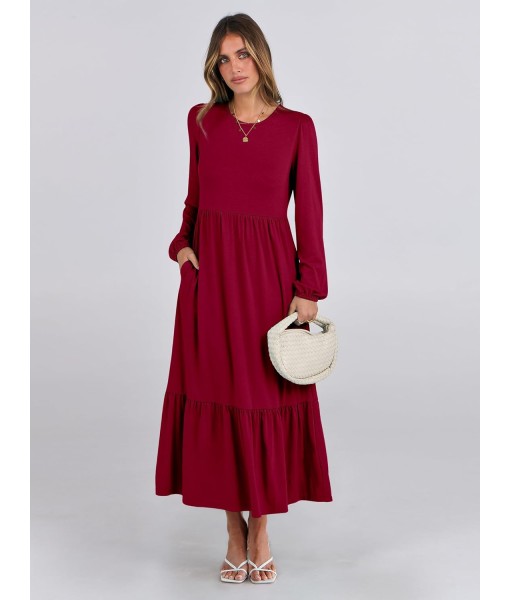 ANRABESS Long Sleeve Midi Dresses for Women Casual 2025 Fall Crewneck A Line Tiered Flowy Loose Trendy Dresses with Pockets