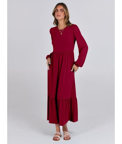 ANRABESS Long Sleeve Midi Dresses for Women Casual 2025 Fall Crewneck A Line Tiered Flowy Loose Trendy Dresses with Pockets