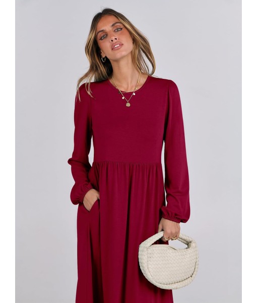 ANRABESS Long Sleeve Midi Dresses for Women Casual 2025 Fall Crewneck A Line Tiered Flowy Loose Trendy Dresses with Pockets