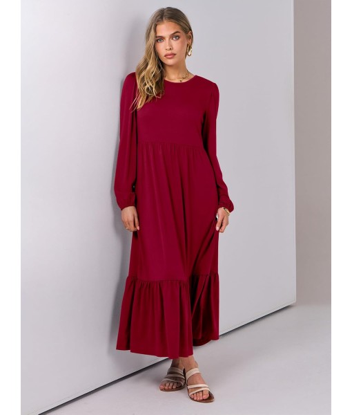 ANRABESS Long Sleeve Midi Dresses for Women Casual 2025 Fall Crewneck A Line Tiered Flowy Loose Trendy Dresses with Pockets