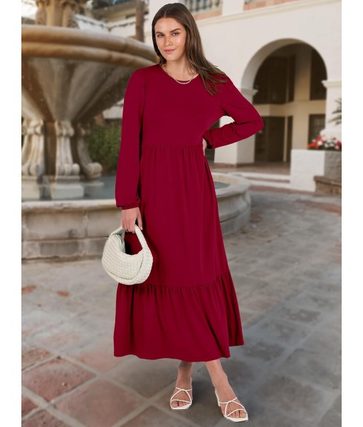 ANRABESS Long Sleeve Midi Dresses for Women Casual 2025 Fall Crewneck A Line Tiered Flowy Loose Trendy Dresses with Pockets