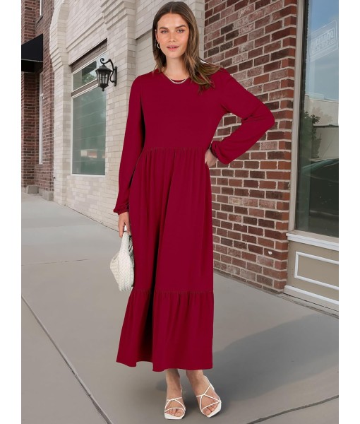 ANRABESS Long Sleeve Midi Dresses for Women Casual 2025 Fall Crewneck A Line Tiered Flowy Loose Trendy Dresses with Pockets