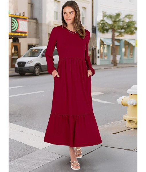 ANRABESS Long Sleeve Midi Dresses for Women Casual 2025 Fall Crewneck A Line Tiered Flowy Loose Trendy Dresses with Pockets