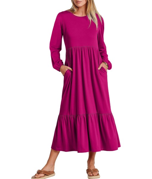 ANRABESS Long Sleeve Midi Dresses for Women Casual 2025 Fall Crewneck A Line Tiered Flowy Loose Trendy Dresses with Pockets