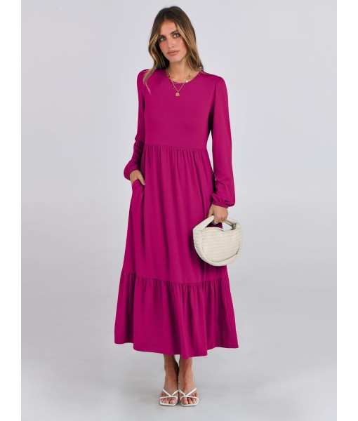 ANRABESS Long Sleeve Midi Dresses for Women Casual 2025 Fall Crewneck A Line Tiered Flowy Loose Trendy Dresses with Pockets