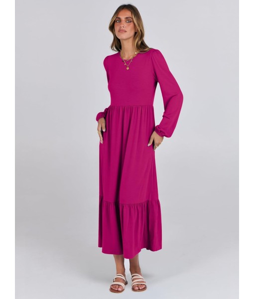 ANRABESS Long Sleeve Midi Dresses for Women Casual 2025 Fall Crewneck A Line Tiered Flowy Loose Trendy Dresses with Pockets