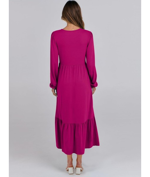 ANRABESS Long Sleeve Midi Dresses for Women Casual 2025 Fall Crewneck A Line Tiered Flowy Loose Trendy Dresses with Pockets