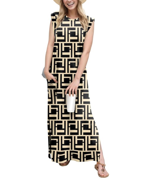 GRECERELLE 2025 Women Year-Round Casual Round Neck Loose Split Wrinkle-Free Long Maxi Vacation Dress with Pockets (XS-3XL)