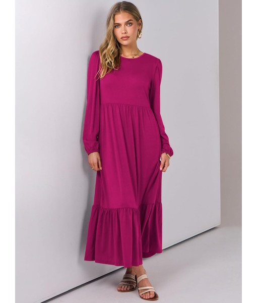 ANRABESS Long Sleeve Midi Dresses for Women Casual 2025 Fall Crewneck A Line Tiered Flowy Loose Trendy Dresses with Pockets