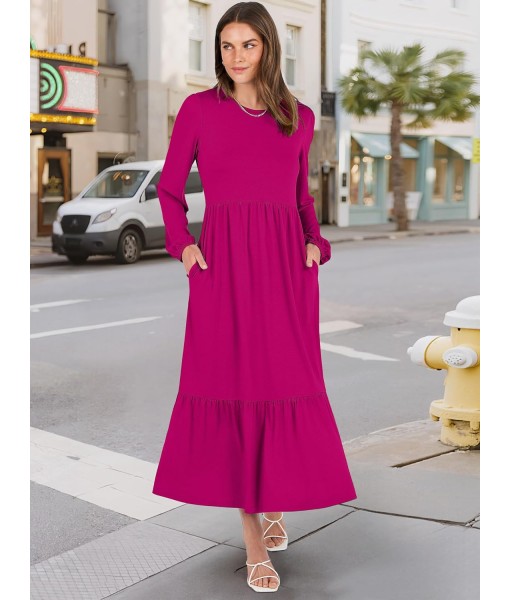 ANRABESS Long Sleeve Midi Dresses for Women Casual 2025 Fall Crewneck A Line Tiered Flowy Loose Trendy Dresses with Pockets