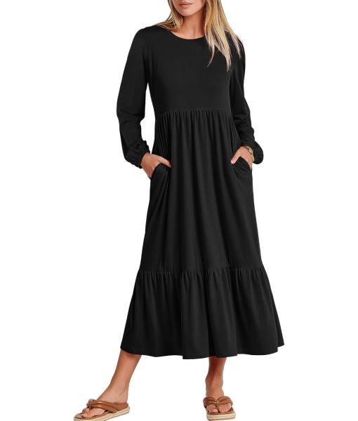 ANRABESS Long Sleeve Midi Dresses for Women Casual 2025 Fall Crewneck A Line Tiered Flowy Loose Trendy Dresses with Pockets