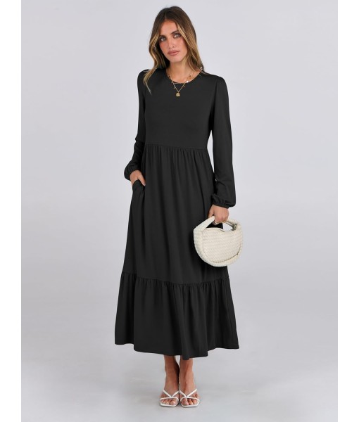 ANRABESS Long Sleeve Midi Dresses for Women Casual 2025 Fall Crewneck A Line Tiered Flowy Loose Trendy Dresses with Pockets
