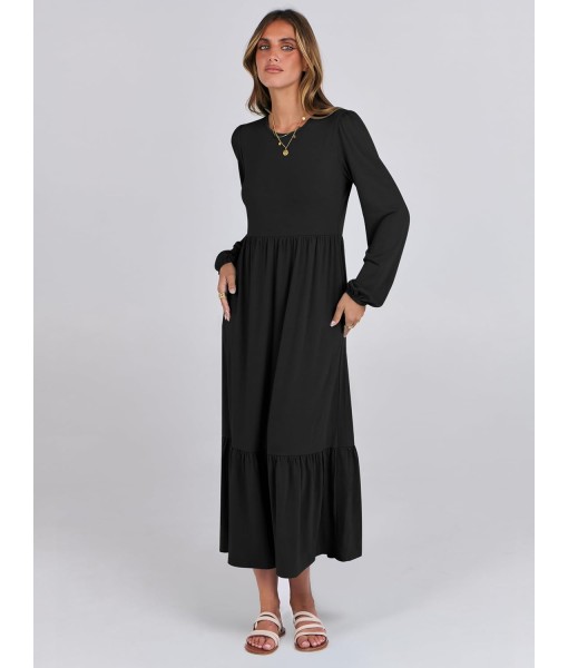 ANRABESS Long Sleeve Midi Dresses for Women Casual 2025 Fall Crewneck A Line Tiered Flowy Loose Trendy Dresses with Pockets