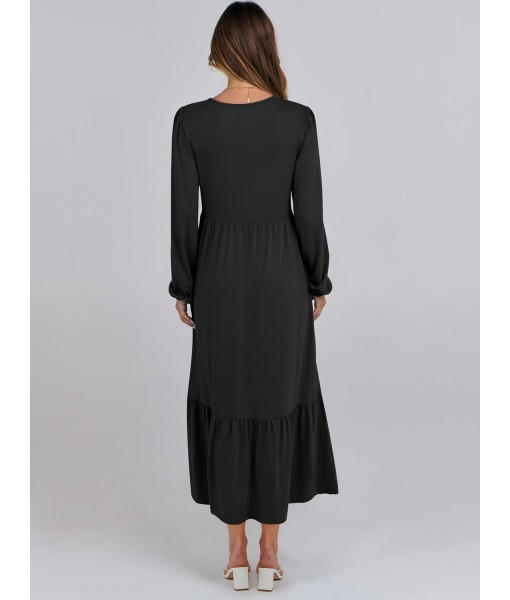 ANRABESS Long Sleeve Midi Dresses for Women Casual 2025 Fall Crewneck A Line Tiered Flowy Loose Trendy Dresses with Pockets