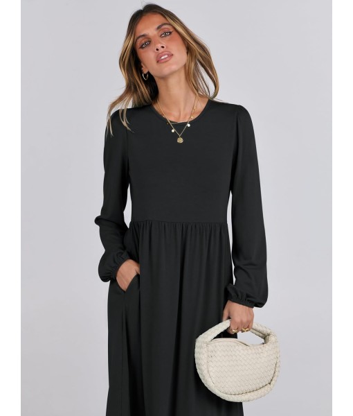 ANRABESS Long Sleeve Midi Dresses for Women Casual 2025 Fall Crewneck A Line Tiered Flowy Loose Trendy Dresses with Pockets
