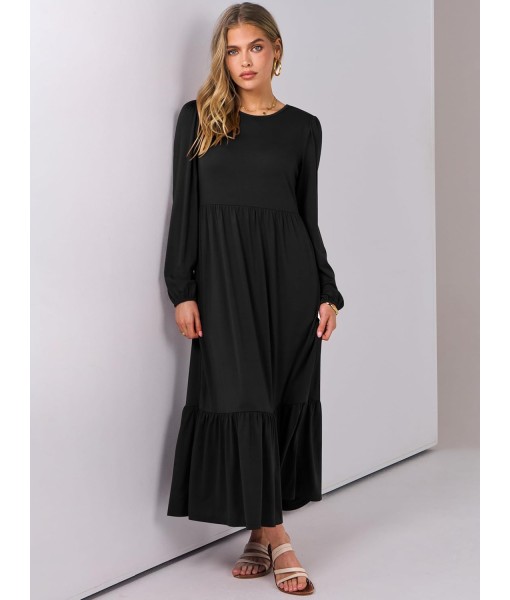 ANRABESS Long Sleeve Midi Dresses for Women Casual 2025 Fall Crewneck A Line Tiered Flowy Loose Trendy Dresses with Pockets