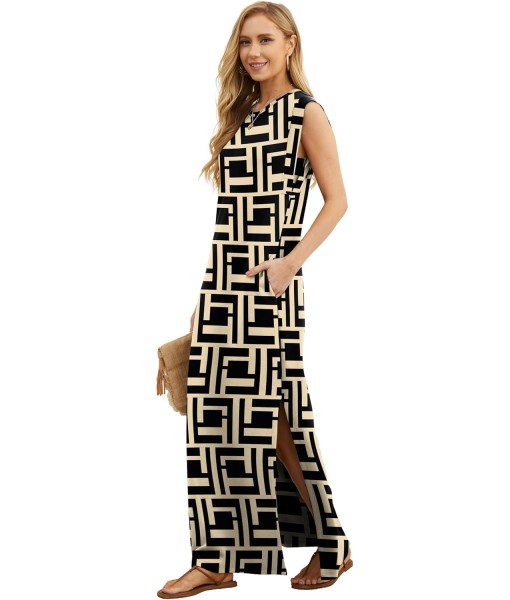 GRECERELLE 2025 Women Year-Round Casual Round Neck Loose Split Wrinkle-Free Long Maxi Vacation Dress with Pockets (XS-3XL)