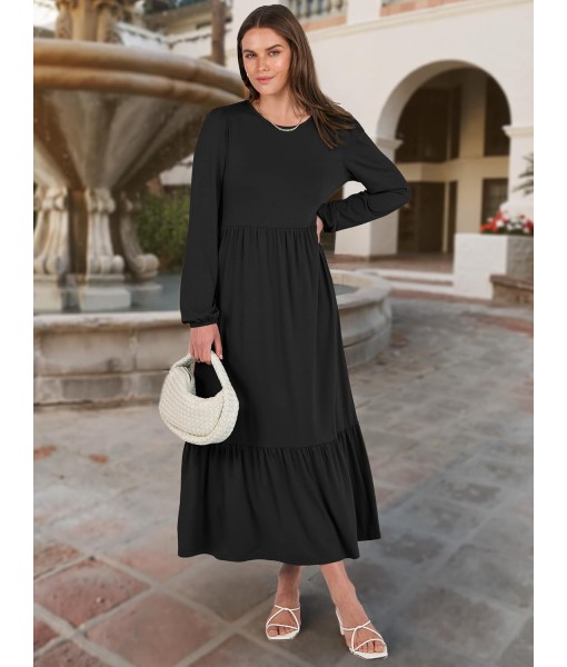 ANRABESS Long Sleeve Midi Dresses for Women Casual 2025 Fall Crewneck A Line Tiered Flowy Loose Trendy Dresses with Pockets
