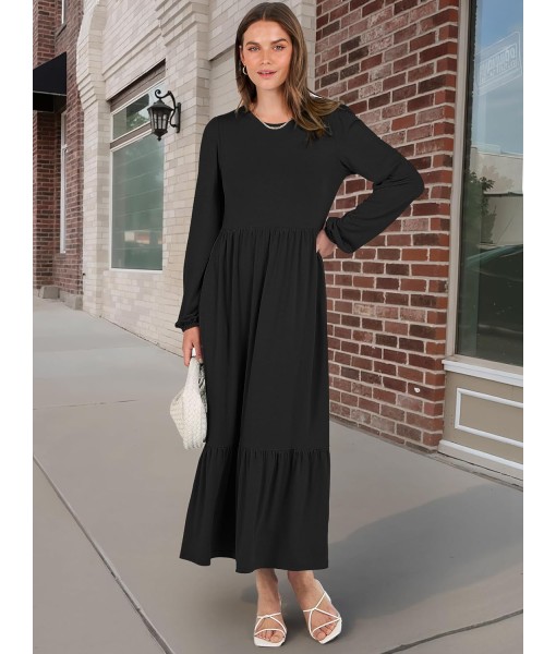 ANRABESS Long Sleeve Midi Dresses for Women Casual 2025 Fall Crewneck A Line Tiered Flowy Loose Trendy Dresses with Pockets