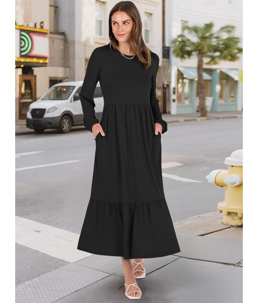 ANRABESS Long Sleeve Midi Dresses for Women Casual 2025 Fall Crewneck A Line Tiered Flowy Loose Trendy Dresses with Pockets