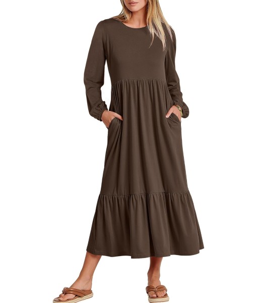 ANRABESS Long Sleeve Midi Dresses for Women Casual 2025 Fall Crewneck A Line Tiered Flowy Loose Trendy Dresses with Pockets