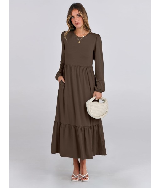 ANRABESS Long Sleeve Midi Dresses for Women Casual 2025 Fall Crewneck A Line Tiered Flowy Loose Trendy Dresses with Pockets