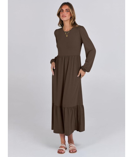 ANRABESS Long Sleeve Midi Dresses for Women Casual 2025 Fall Crewneck A Line Tiered Flowy Loose Trendy Dresses with Pockets