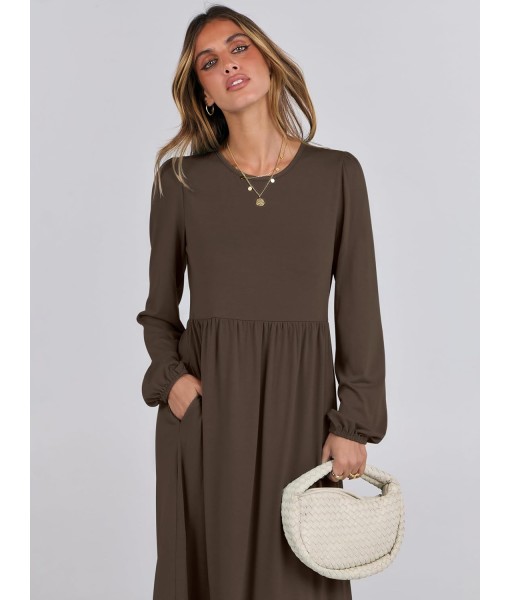 ANRABESS Long Sleeve Midi Dresses for Women Casual 2025 Fall Crewneck A Line Tiered Flowy Loose Trendy Dresses with Pockets