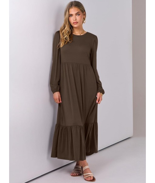 ANRABESS Long Sleeve Midi Dresses for Women Casual 2025 Fall Crewneck A Line Tiered Flowy Loose Trendy Dresses with Pockets