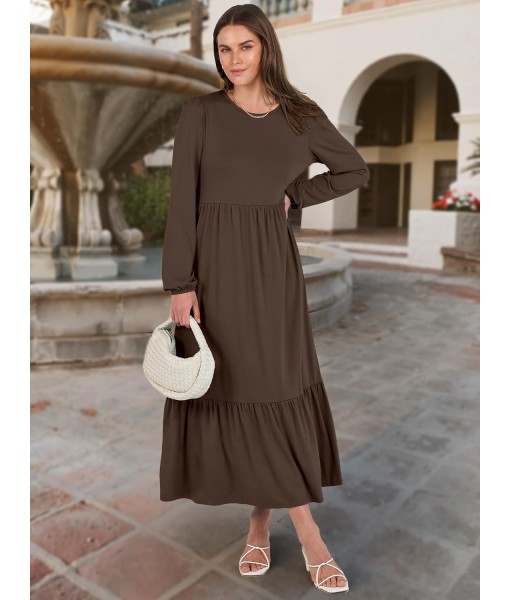 ANRABESS Long Sleeve Midi Dresses for Women Casual 2025 Fall Crewneck A Line Tiered Flowy Loose Trendy Dresses with Pockets