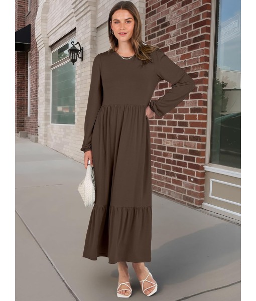 ANRABESS Long Sleeve Midi Dresses for Women Casual 2025 Fall Crewneck A Line Tiered Flowy Loose Trendy Dresses with Pockets